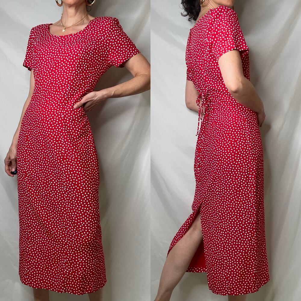 SOLD Vintage 90s red polka dot print midi maxi dress corset tie back Paris chic - Picture 14 of 16
